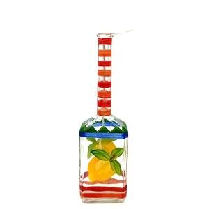 Vtg Hand Painted Lemon Design Glass 12" Oil Lamp Bottle With Glass Wick Holder
